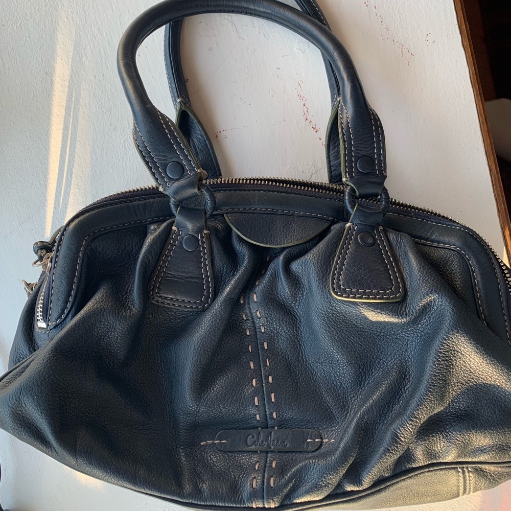 Cole Haan Navy Leather Satchel w/ 3 Zipper Pockets